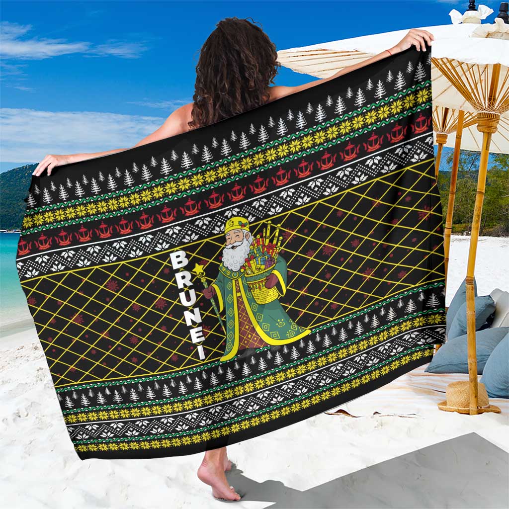 Brunei Christmas Sarong with Traditional Santa Gift Basket and Black Yellow Red Holiday Pattern - Wonder Print Shop