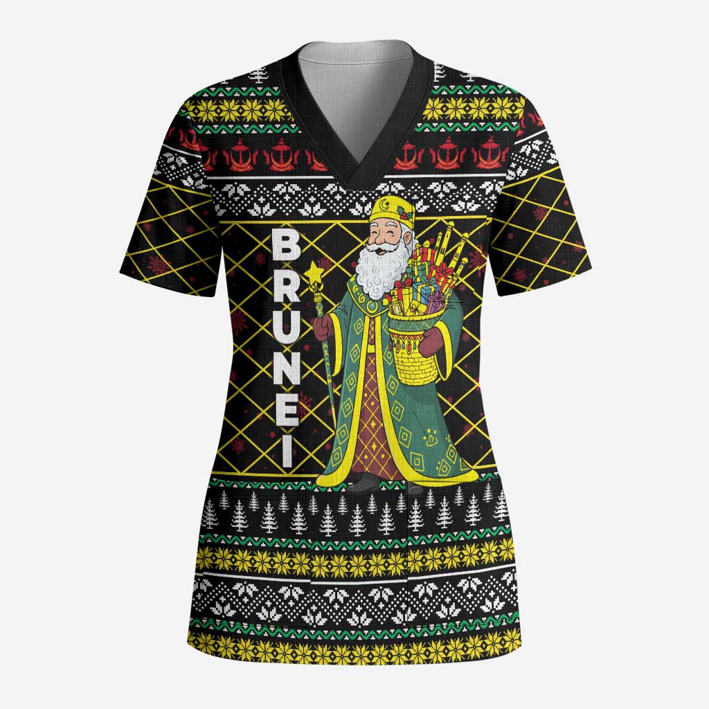 Brunei Christmas Scrub Top with Traditional Santa Gift Basket and Black Yellow Red Holiday Pattern - Wonder Print Shop