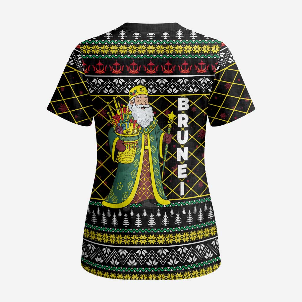 Brunei Christmas Scrub Top with Traditional Santa Gift Basket and Black Yellow Red Holiday Pattern - Wonder Print Shop
