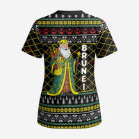 Brunei Christmas Scrub Top with Traditional Santa Gift Basket and Black Yellow Red Holiday Pattern - Wonder Print Shop