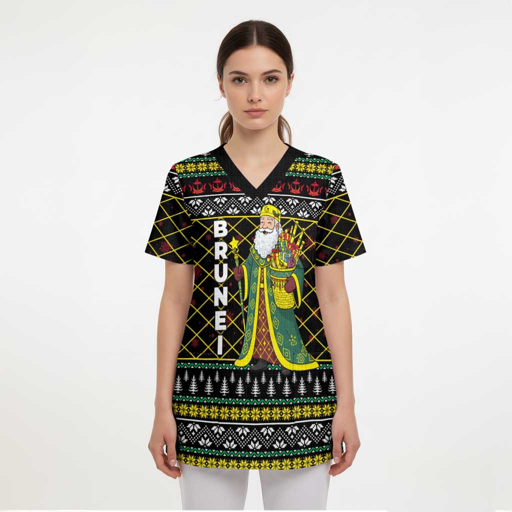 Brunei Christmas Scrub Top with Traditional Santa Gift Basket and Black Yellow Red Holiday Pattern - Wonder Print Shop