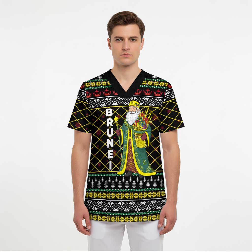Brunei Christmas Scrub Top with Traditional Santa Gift Basket and Black Yellow Red Holiday Pattern - Wonder Print Shop
