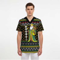 Brunei Christmas Scrub Top with Traditional Santa Gift Basket and Black Yellow Red Holiday Pattern - Wonder Print Shop