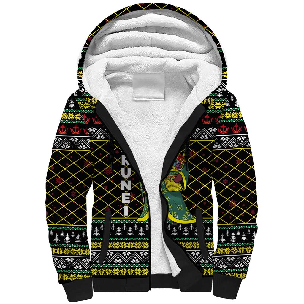 Brunei Christmas Sherpa Hoodie with Traditional Santa Gift Basket and Black Yellow Red Holiday Pattern - Wonder Print Shop