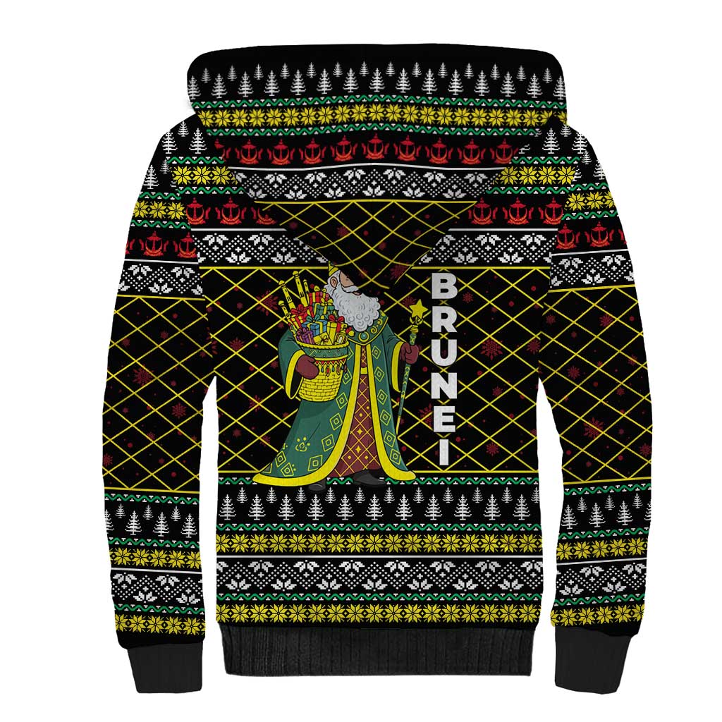 Brunei Christmas Sherpa Hoodie with Traditional Santa Gift Basket and Black Yellow Red Holiday Pattern - Wonder Print Shop