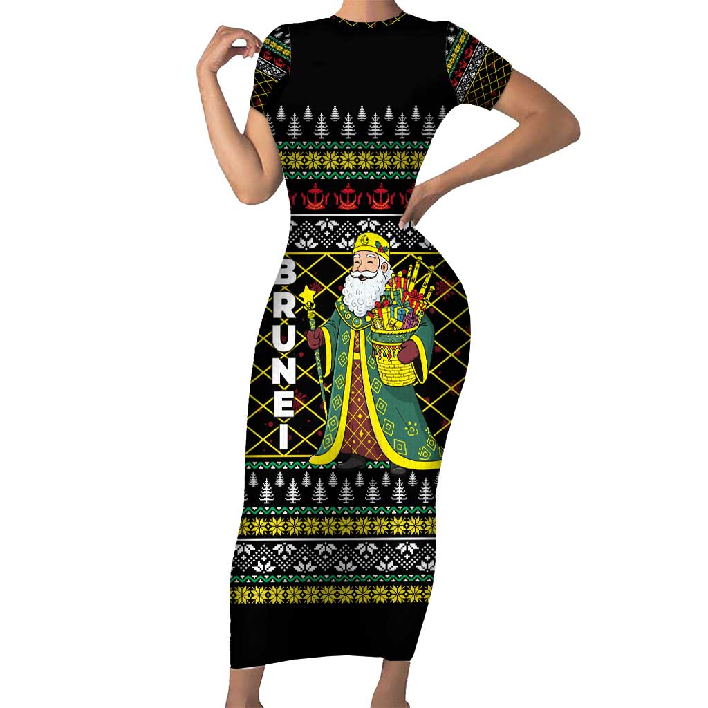 Brunei Christmas Short Sleeve Bodycon Dress with Traditional Santa Gift Basket and Black Yellow Red Holiday Pattern - Wonder Print Shop