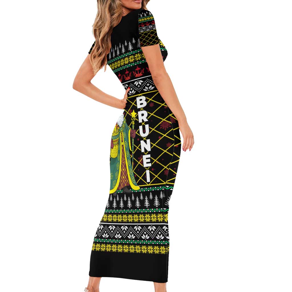 Brunei Christmas Short Sleeve Bodycon Dress with Traditional Santa Gift Basket and Black Yellow Red Holiday Pattern - Wonder Print Shop
