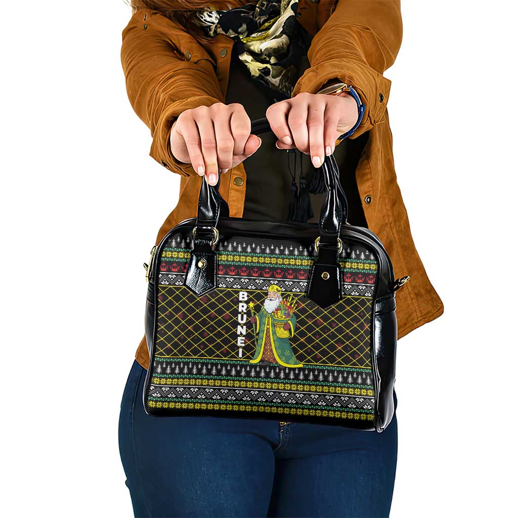 Brunei Christmas Shoulder Handbag with Traditional Santa Gift Basket and Black Yellow Red Holiday Pattern - Wonder Print Shop