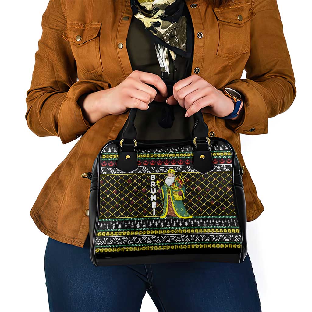 Brunei Christmas Shoulder Handbag with Traditional Santa Gift Basket and Black Yellow Red Holiday Pattern - Wonder Print Shop