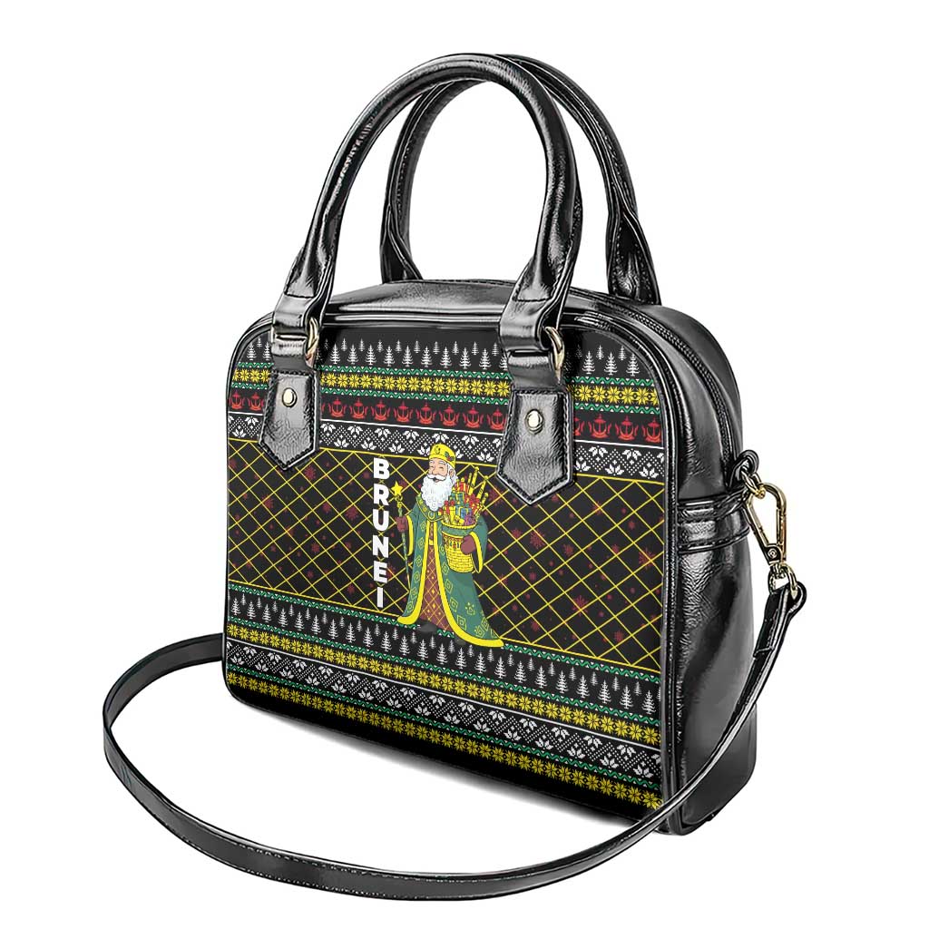 Brunei Christmas Shoulder Handbag with Traditional Santa Gift Basket and Black Yellow Red Holiday Pattern - Wonder Print Shop