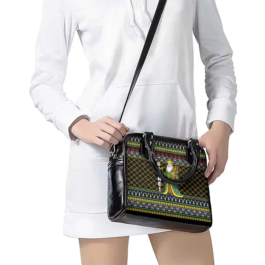 Brunei Christmas Shoulder Handbag with Traditional Santa Gift Basket and Black Yellow Red Holiday Pattern - Wonder Print Shop