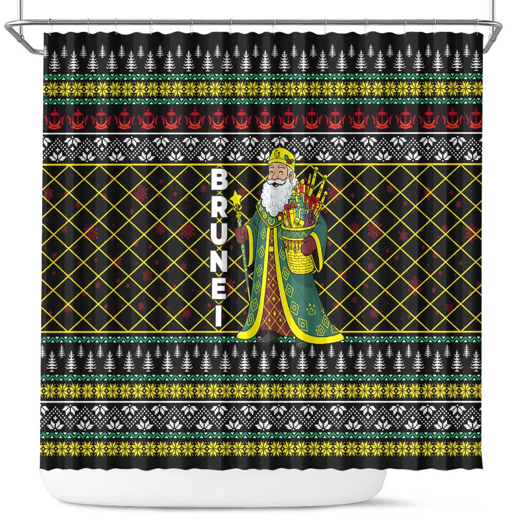 Brunei Christmas Shower Curtain with Traditional Santa Gift Basket and Black Yellow Red Holiday Pattern - Wonder Print Shop
