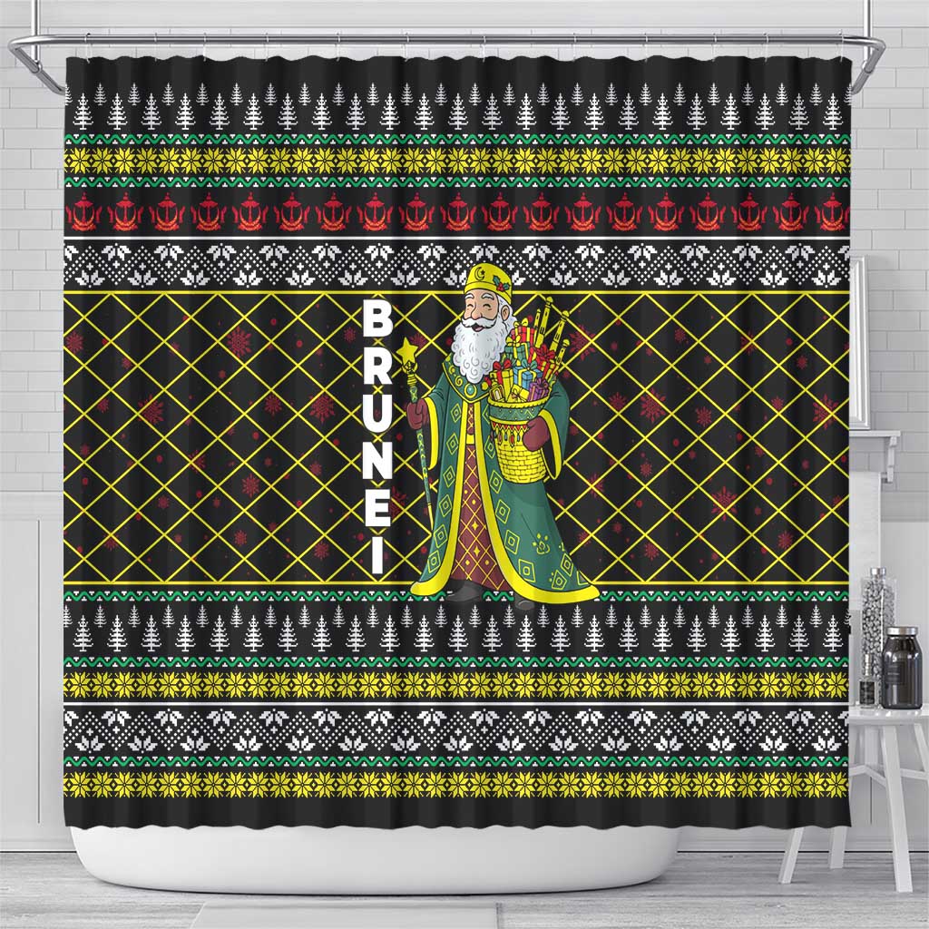 Brunei Christmas Shower Curtain with Traditional Santa Gift Basket and Black Yellow Red Holiday Pattern - Wonder Print Shop