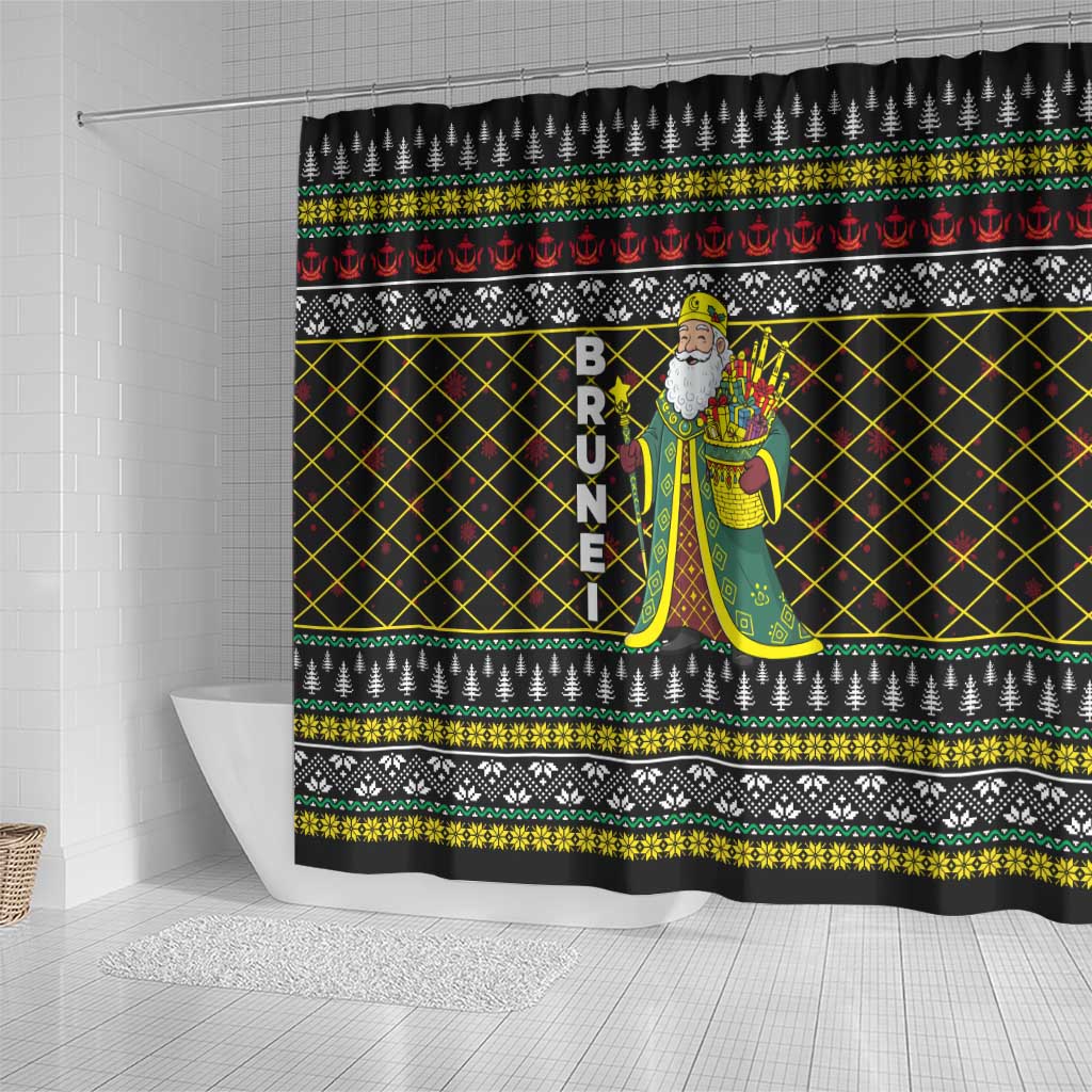 Brunei Christmas Shower Curtain with Traditional Santa Gift Basket and Black Yellow Red Holiday Pattern - Wonder Print Shop