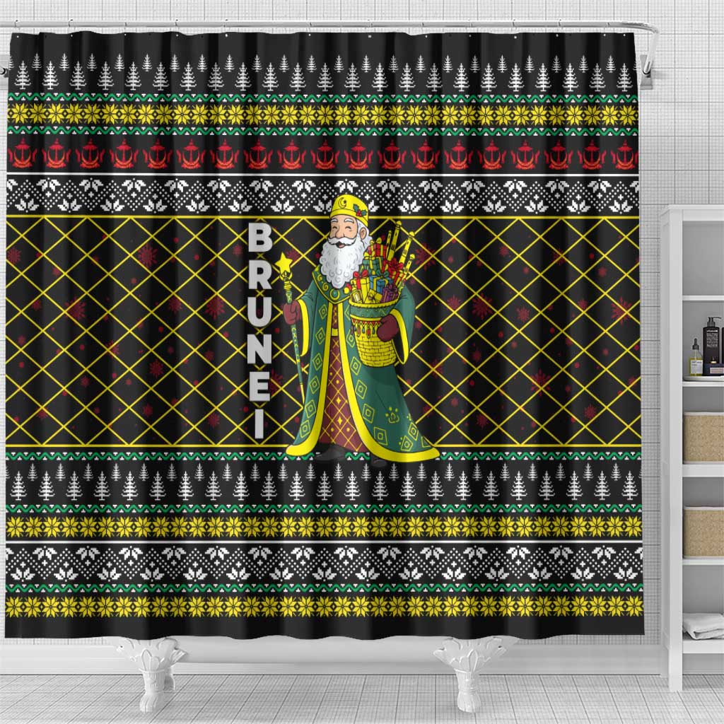 Brunei Christmas Shower Curtain with Traditional Santa Gift Basket and Black Yellow Red Holiday Pattern - Wonder Print Shop