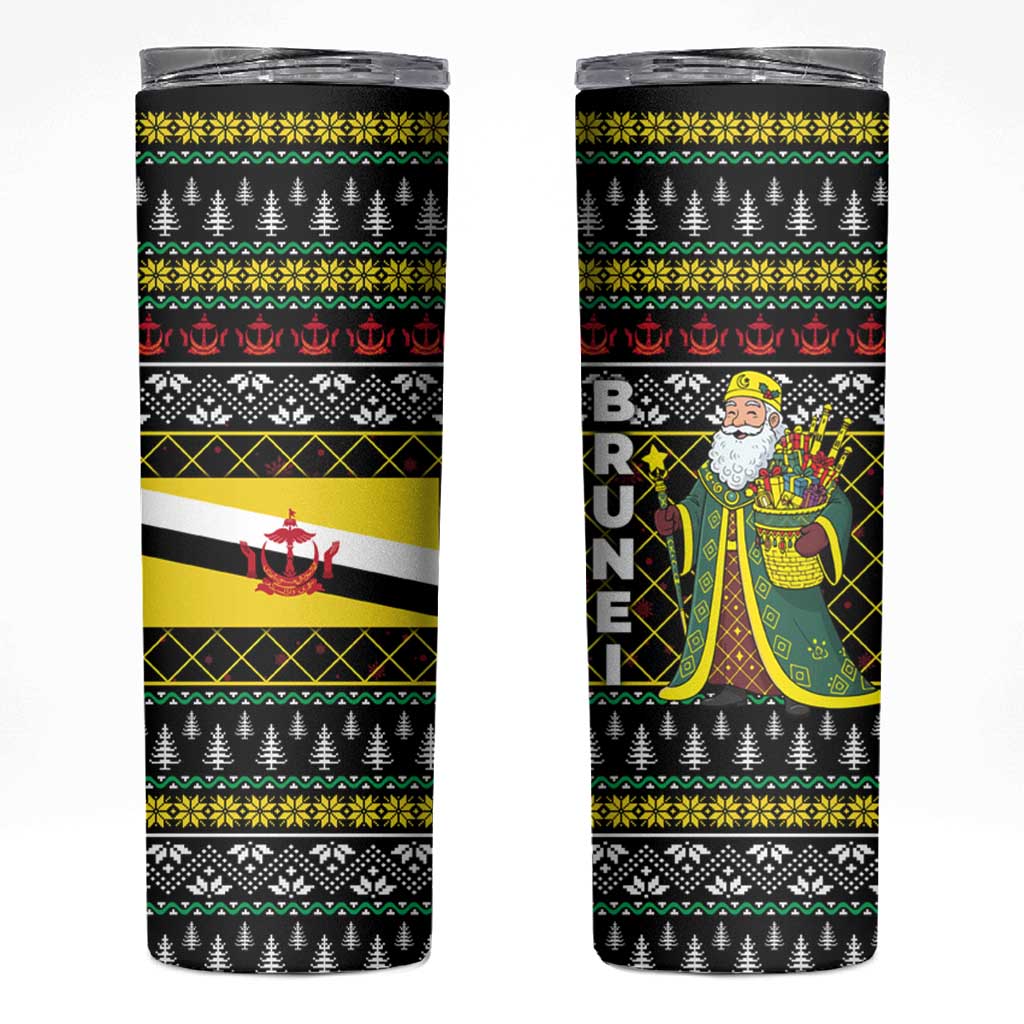Brunei Christmas Skinny Tumbler with Traditional Santa Gift Basket and Black Yellow Red Holiday Pattern - Wonder Print Shop