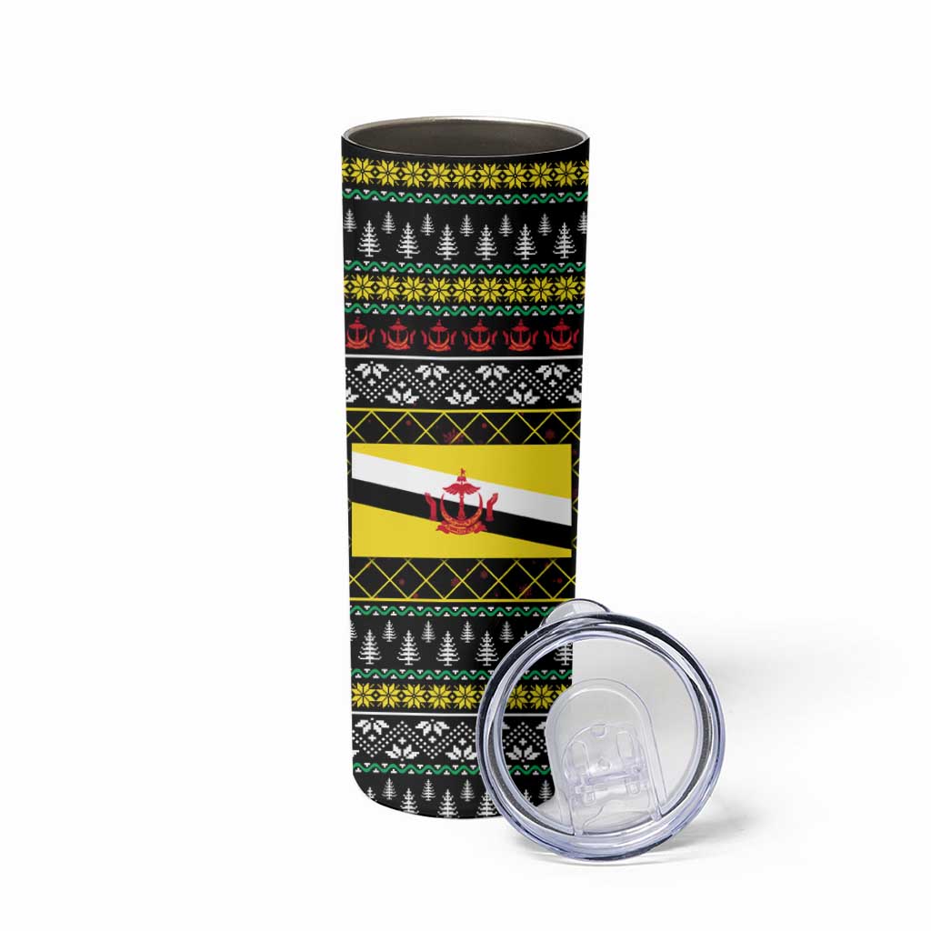 Brunei Christmas Skinny Tumbler with Traditional Santa Gift Basket and Black Yellow Red Holiday Pattern - Wonder Print Shop