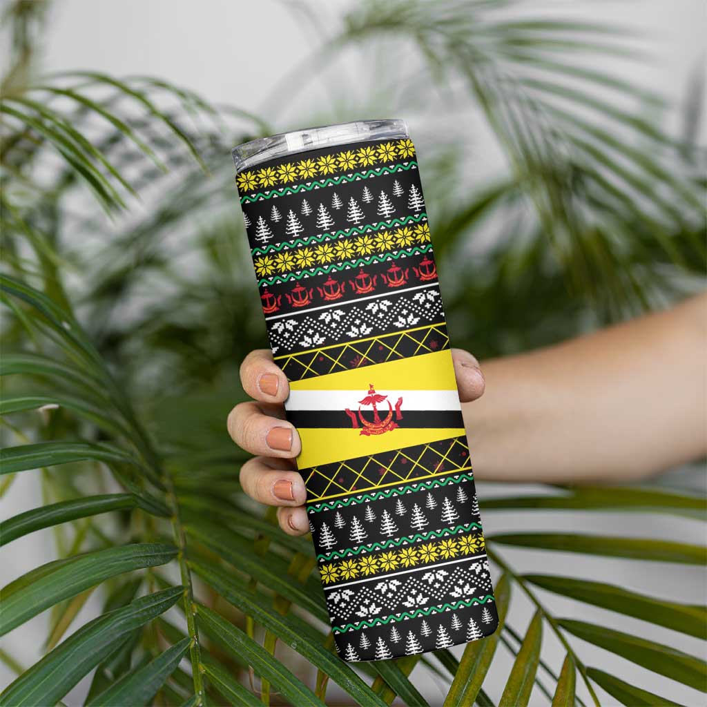 Brunei Christmas Skinny Tumbler with Traditional Santa Gift Basket and Black Yellow Red Holiday Pattern - Wonder Print Shop