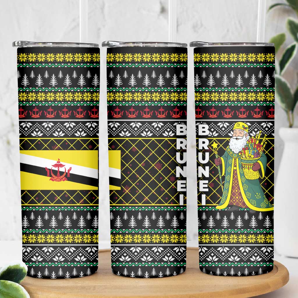 Brunei Christmas Skinny Tumbler with Traditional Santa Gift Basket and Black Yellow Red Holiday Pattern - Wonder Print Shop