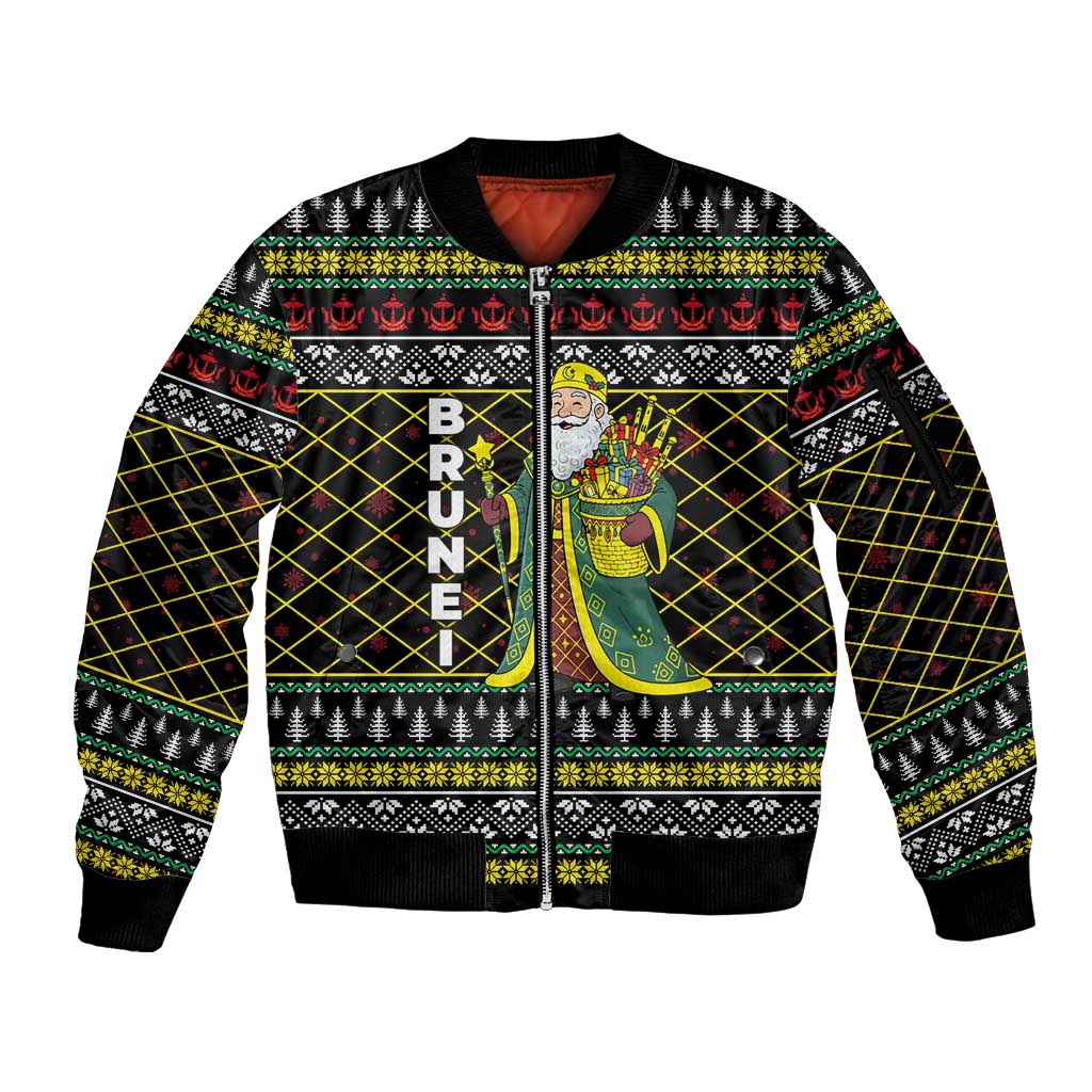 Brunei Christmas Sleeve Zip Bomber Jacket with Traditional Santa Gift Basket and Black Yellow Red Holiday Pattern - Wonder Print Shop