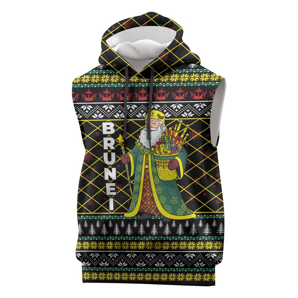 Brunei Christmas Sleeveless Hoodie with Traditional Santa Gift Basket and Black Yellow Red Holiday Pattern - Wonder Print Shop