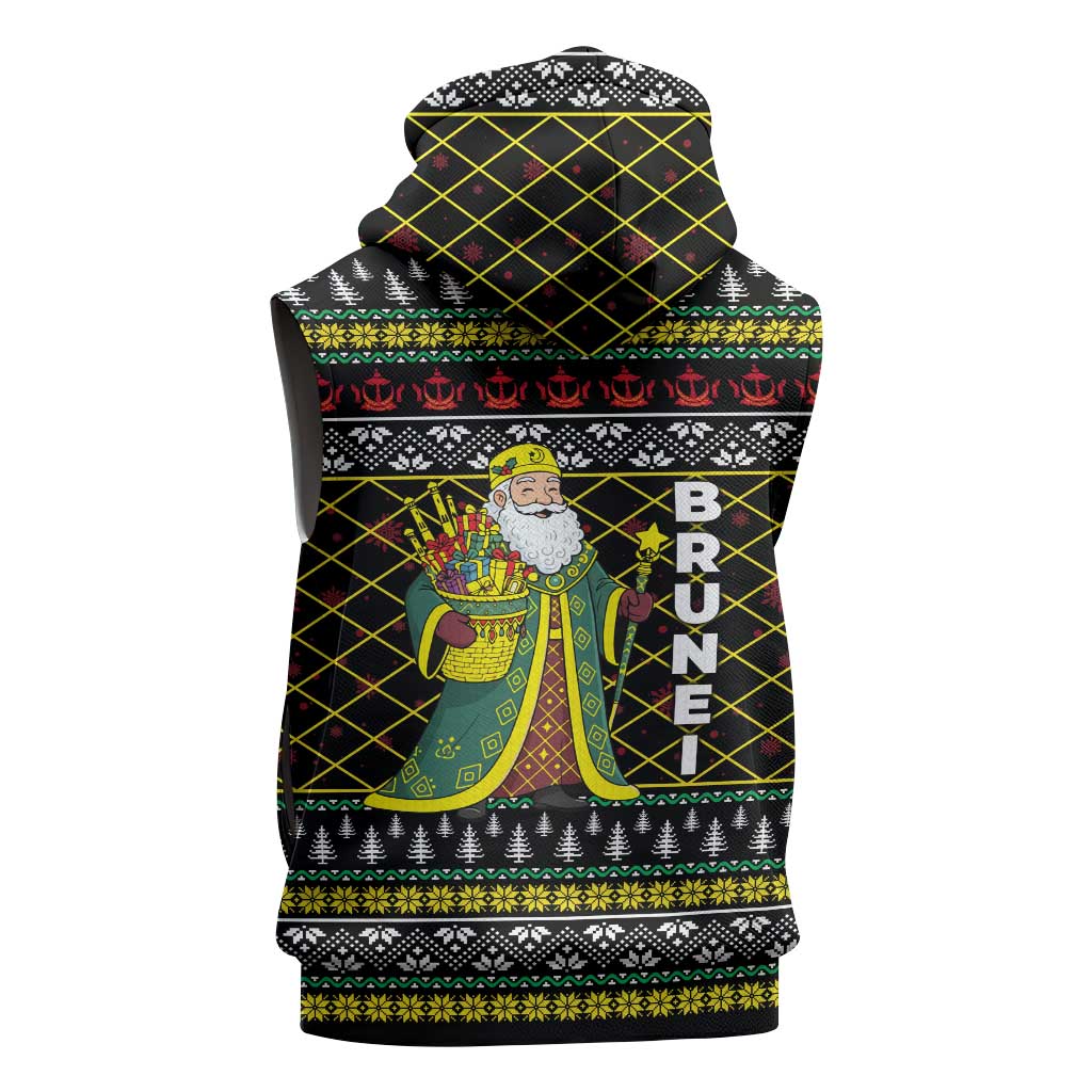 Brunei Christmas Sleeveless Hoodie with Traditional Santa Gift Basket and Black Yellow Red Holiday Pattern - Wonder Print Shop