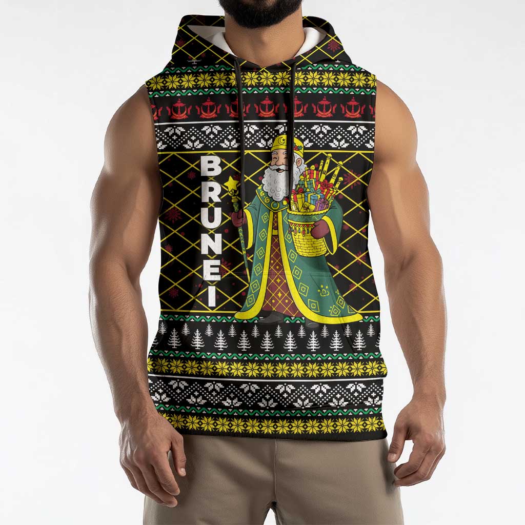 Brunei Christmas Sleeveless Hoodie with Traditional Santa Gift Basket and Black Yellow Red Holiday Pattern - Wonder Print Shop