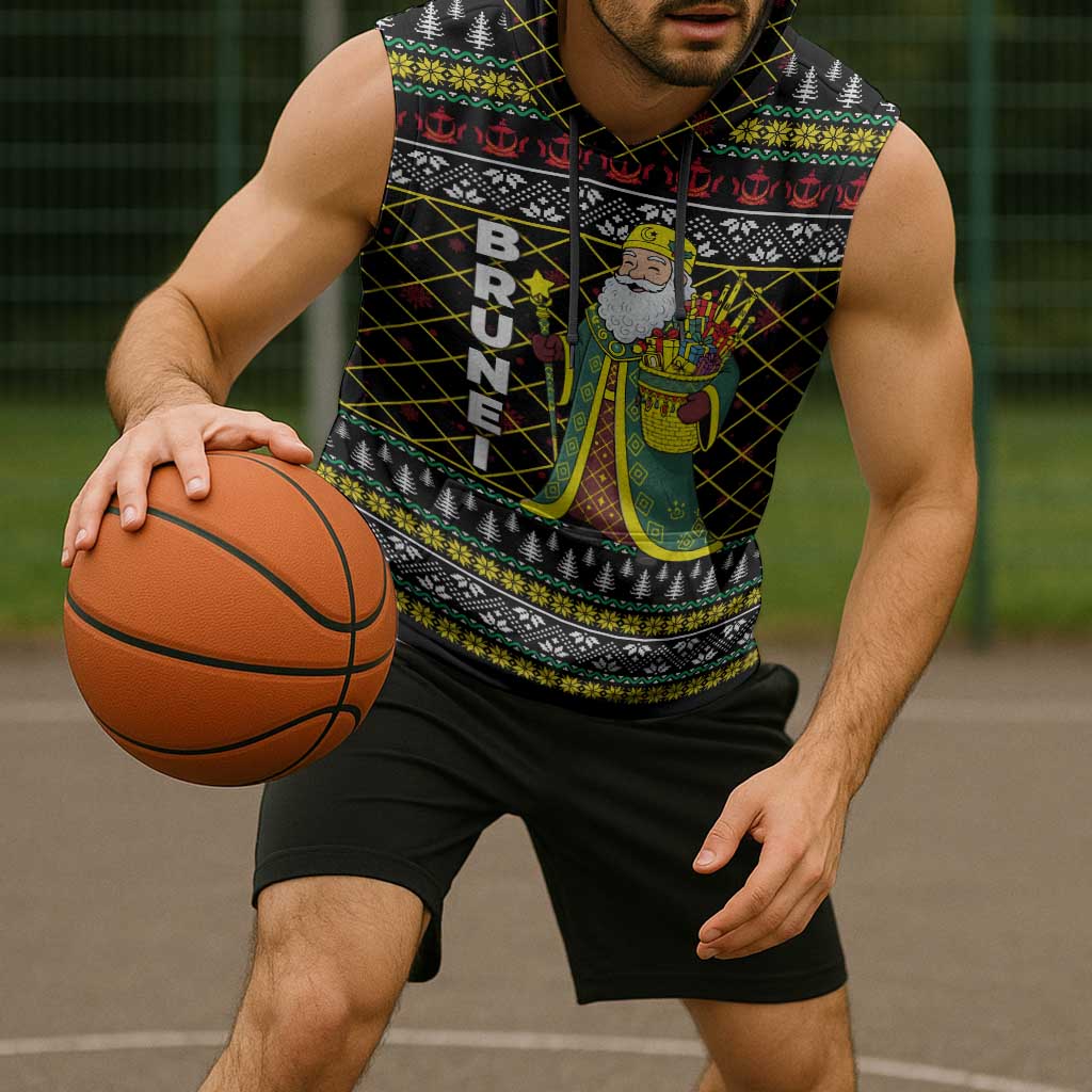 Brunei Christmas Sleeveless Hoodie with Traditional Santa Gift Basket and Black Yellow Red Holiday Pattern - Wonder Print Shop