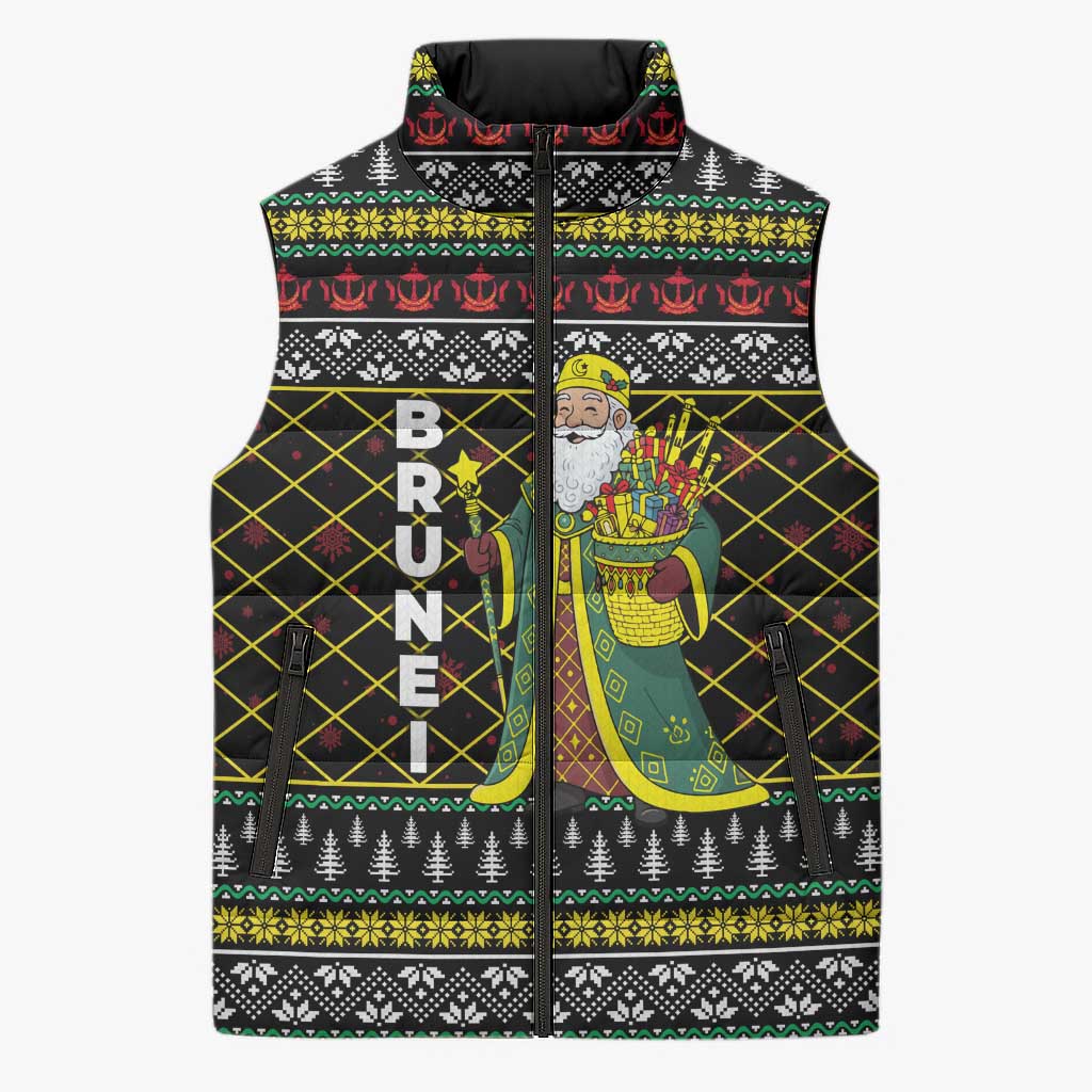 Brunei Christmas Sleeveless Puffer Jacket with Traditional Santa Gift Basket and Black Yellow Red Holiday Pattern - Wonder Print Shop