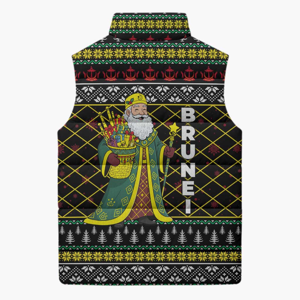 Brunei Christmas Sleeveless Puffer Jacket with Traditional Santa Gift Basket and Black Yellow Red Holiday Pattern - Wonder Print Shop