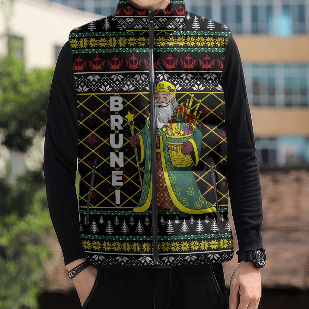 Brunei Christmas Sleeveless Puffer Jacket with Traditional Santa Gift Basket and Black Yellow Red Holiday Pattern - Wonder Print Shop