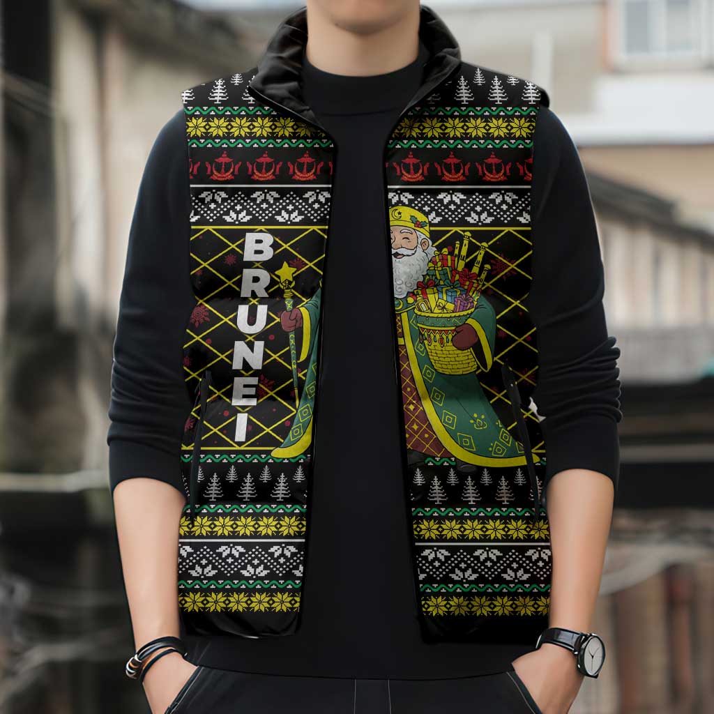 Brunei Christmas Sleeveless Puffer Jacket with Traditional Santa Gift Basket and Black Yellow Red Holiday Pattern - Wonder Print Shop