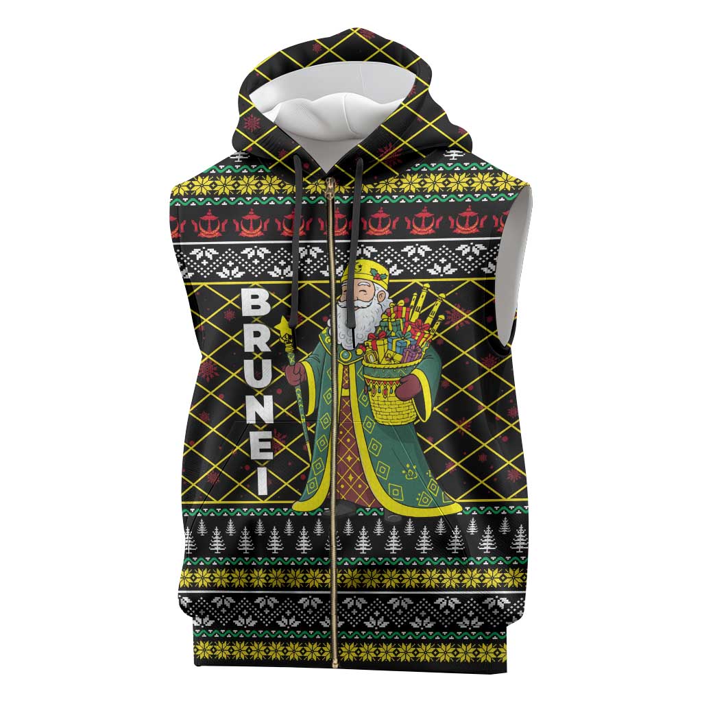 Brunei Christmas Sleeveless Zip Hoodie with Traditional Santa Gift Basket and Black Yellow Red Holiday Pattern - Wonder Print Shop