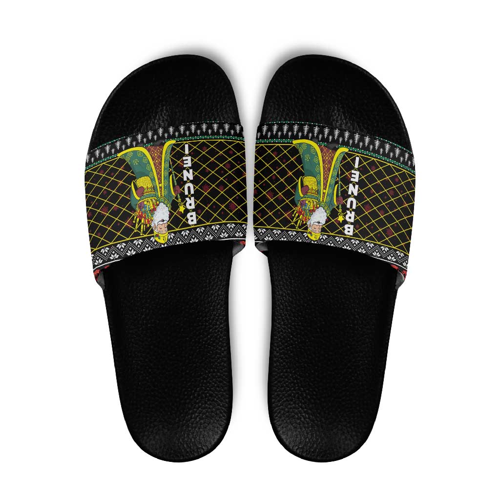 Brunei Christmas Slide Sandals with Traditional Santa Gift Basket and Black Yellow Red Holiday Pattern - Wonder Print Shop