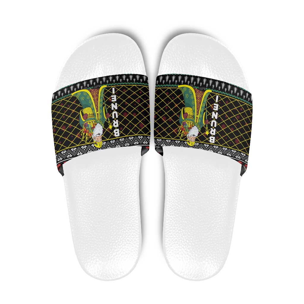 Brunei Christmas Slide Sandals with Traditional Santa Gift Basket and Black Yellow Red Holiday Pattern - Wonder Print Shop