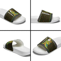 Brunei Christmas Slide Sandals with Traditional Santa Gift Basket and Black Yellow Red Holiday Pattern - Wonder Print Shop