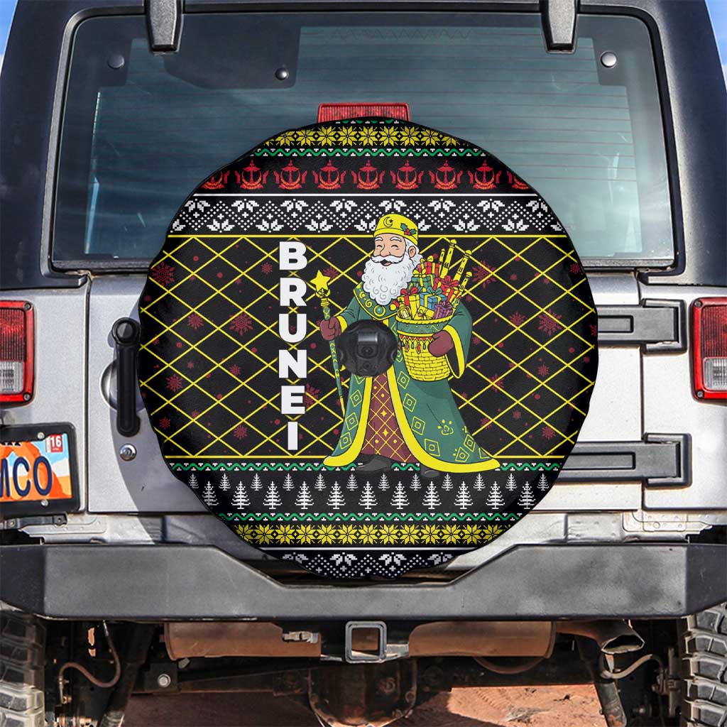 Brunei Christmas Spare Tire Cover with Traditional Santa Gift Basket and Black Yellow Red Holiday Pattern - Wonder Print Shop