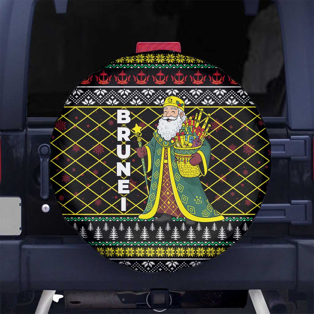 Brunei Christmas Spare Tire Cover with Traditional Santa Gift Basket and Black Yellow Red Holiday Pattern - Wonder Print Shop