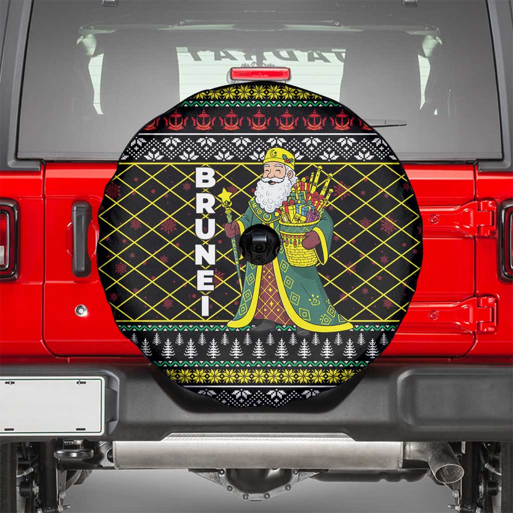 Brunei Christmas Spare Tire Cover with Traditional Santa Gift Basket and Black Yellow Red Holiday Pattern - Wonder Print Shop