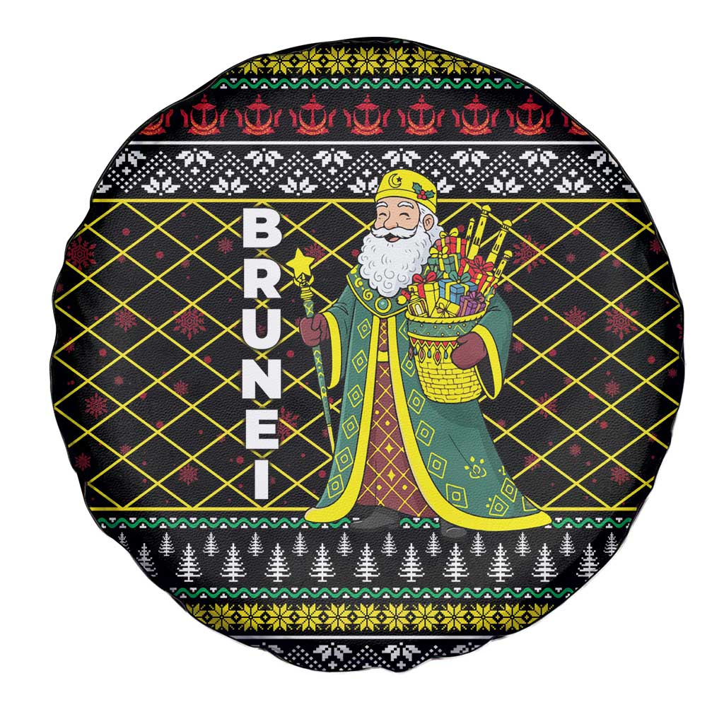 Brunei Christmas Spare Tire Cover with Traditional Santa Gift Basket and Black Yellow Red Holiday Pattern - Wonder Print Shop