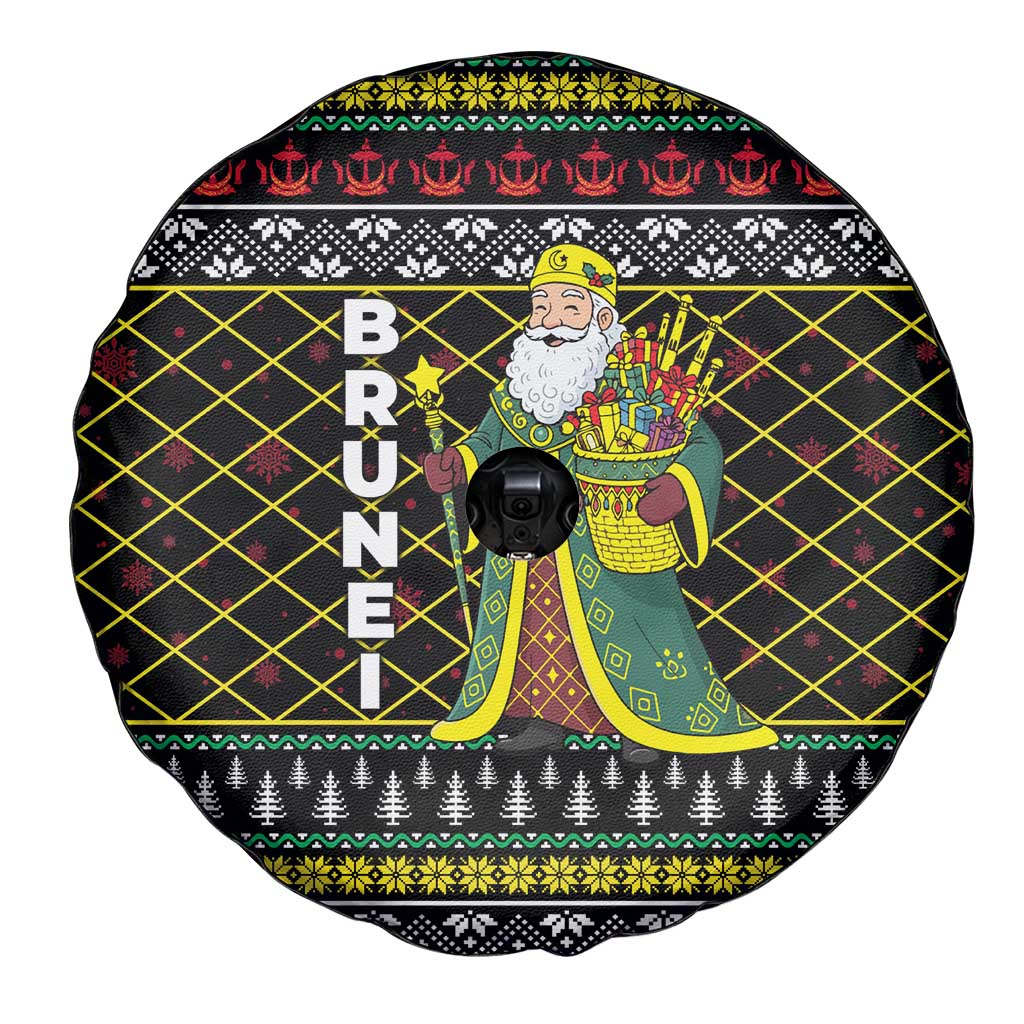 Brunei Christmas Spare Tire Cover with Traditional Santa Gift Basket and Black Yellow Red Holiday Pattern - Wonder Print Shop