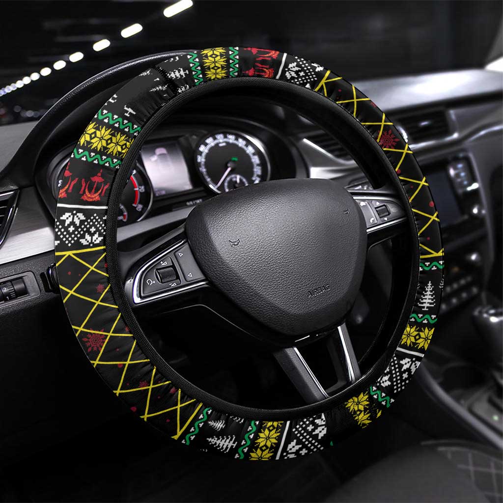 Brunei Christmas Steering Wheel Cover with Traditional Santa Gift Basket and Black Yellow Red Holiday Pattern - Wonder Print Shop