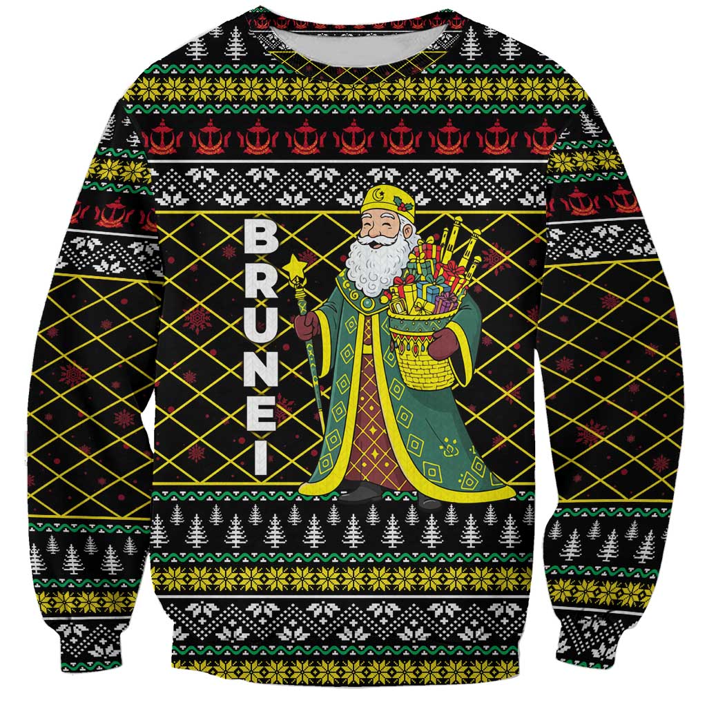Brunei Christmas Sweatshirt with Traditional Santa Gift Basket and Black Yellow Red Holiday Pattern - Wonder Print Shop