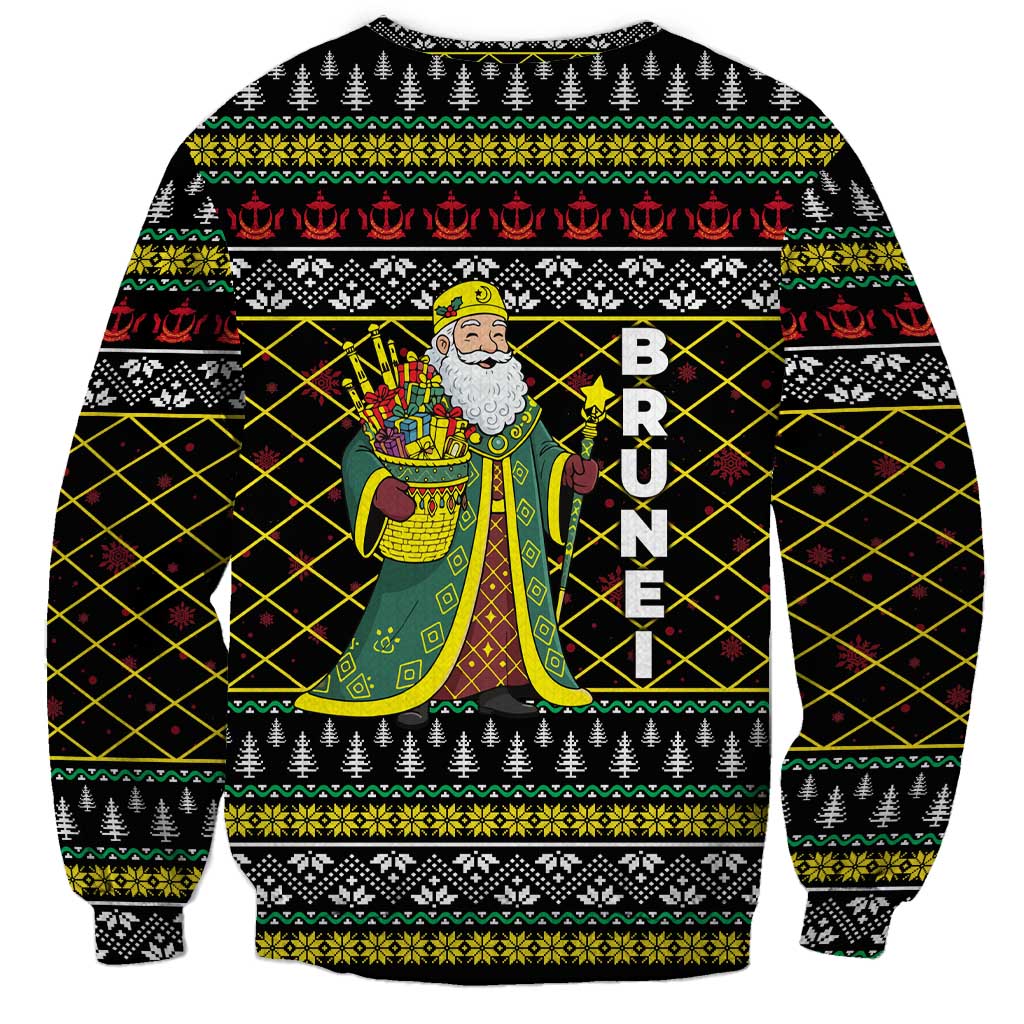 Brunei Christmas Sweatshirt with Traditional Santa Gift Basket and Black Yellow Red Holiday Pattern - Wonder Print Shop