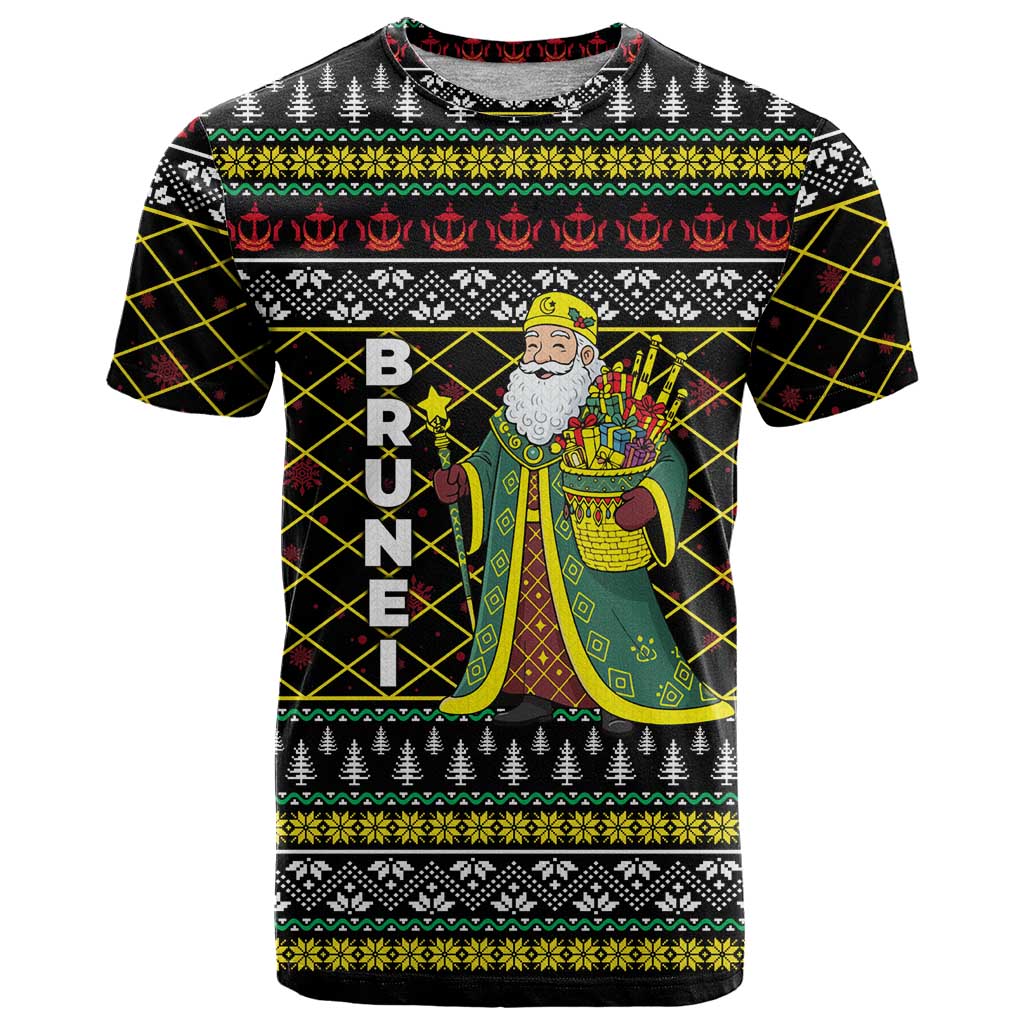 Brunei Christmas T Shirt with Traditional Santa Gift Basket and Black Yellow Red Holiday Pattern - Wonder Print Shop