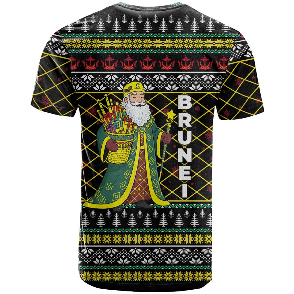Brunei Christmas T Shirt with Traditional Santa Gift Basket and Black Yellow Red Holiday Pattern - Wonder Print Shop