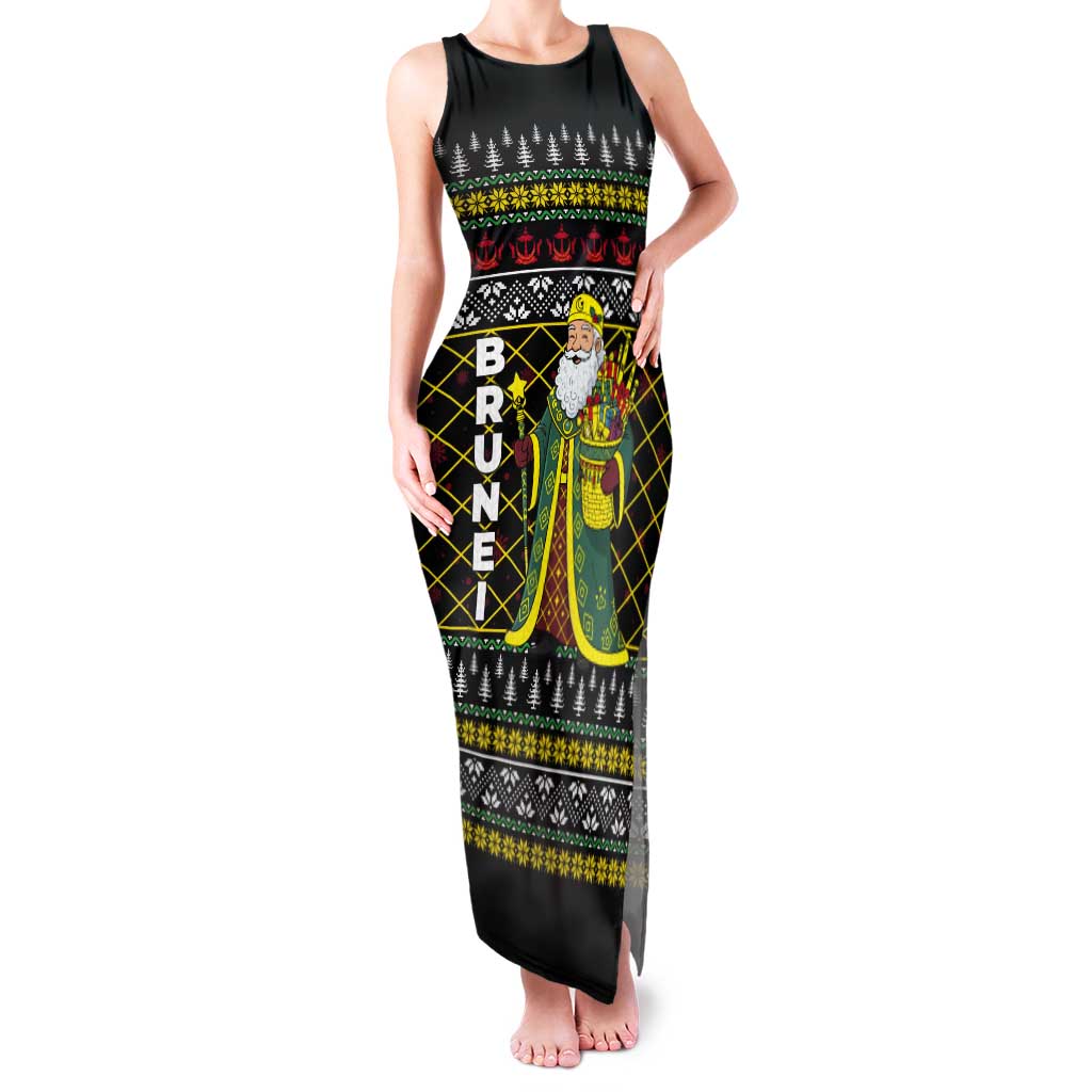 Brunei Christmas Tank Maxi Dress with Traditional Santa Gift Basket and Black Yellow Red Holiday Pattern - Wonder Print Shop