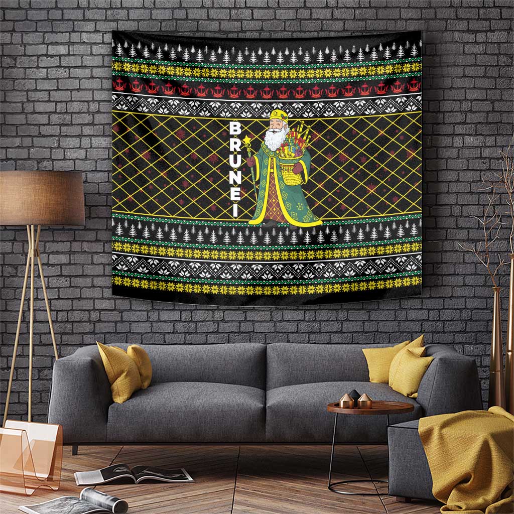 Brunei Christmas Tapestry with Traditional Santa Gift Basket and Black Yellow Red Holiday Pattern - Wonder Print Shop
