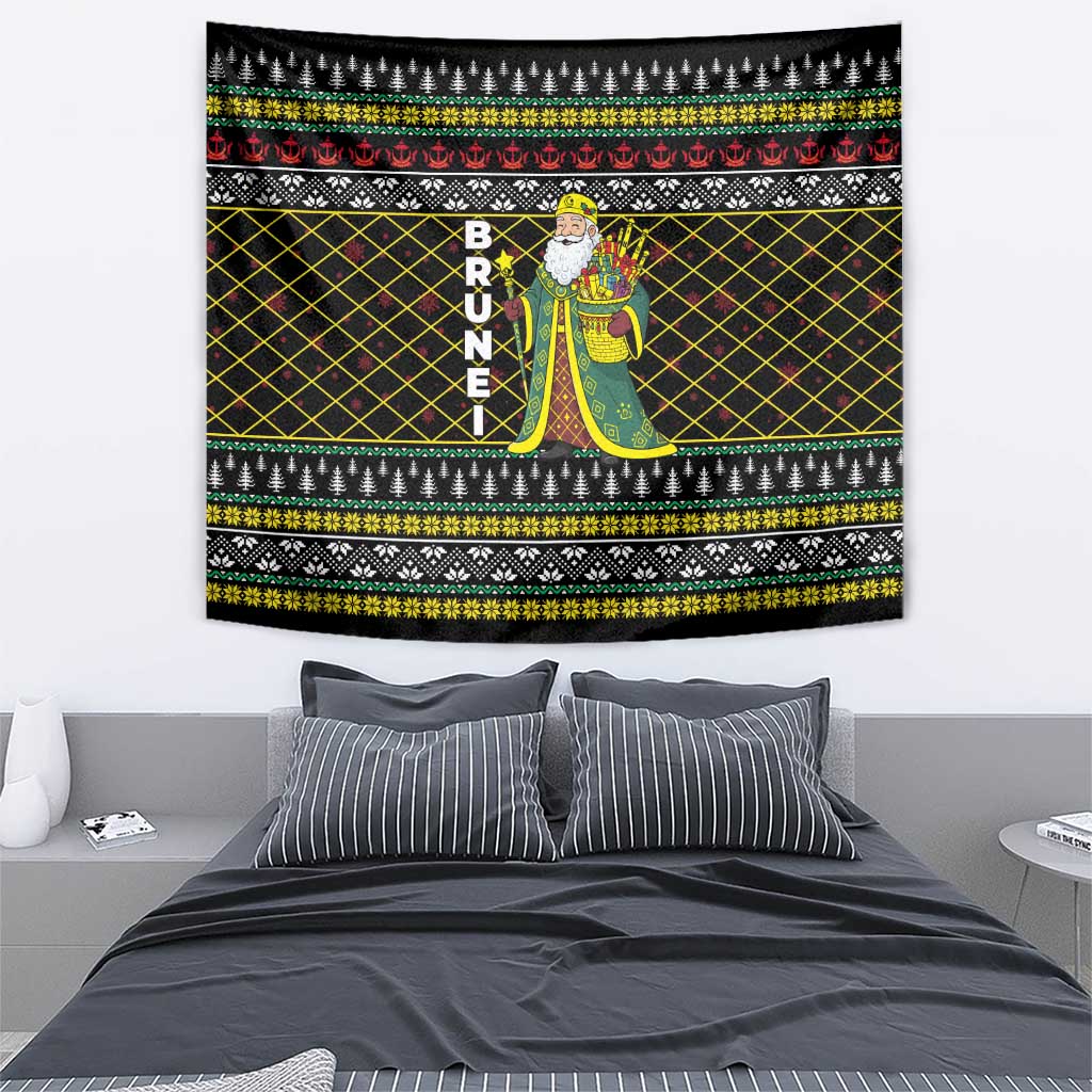 Brunei Christmas Tapestry with Traditional Santa Gift Basket and Black Yellow Red Holiday Pattern - Wonder Print Shop