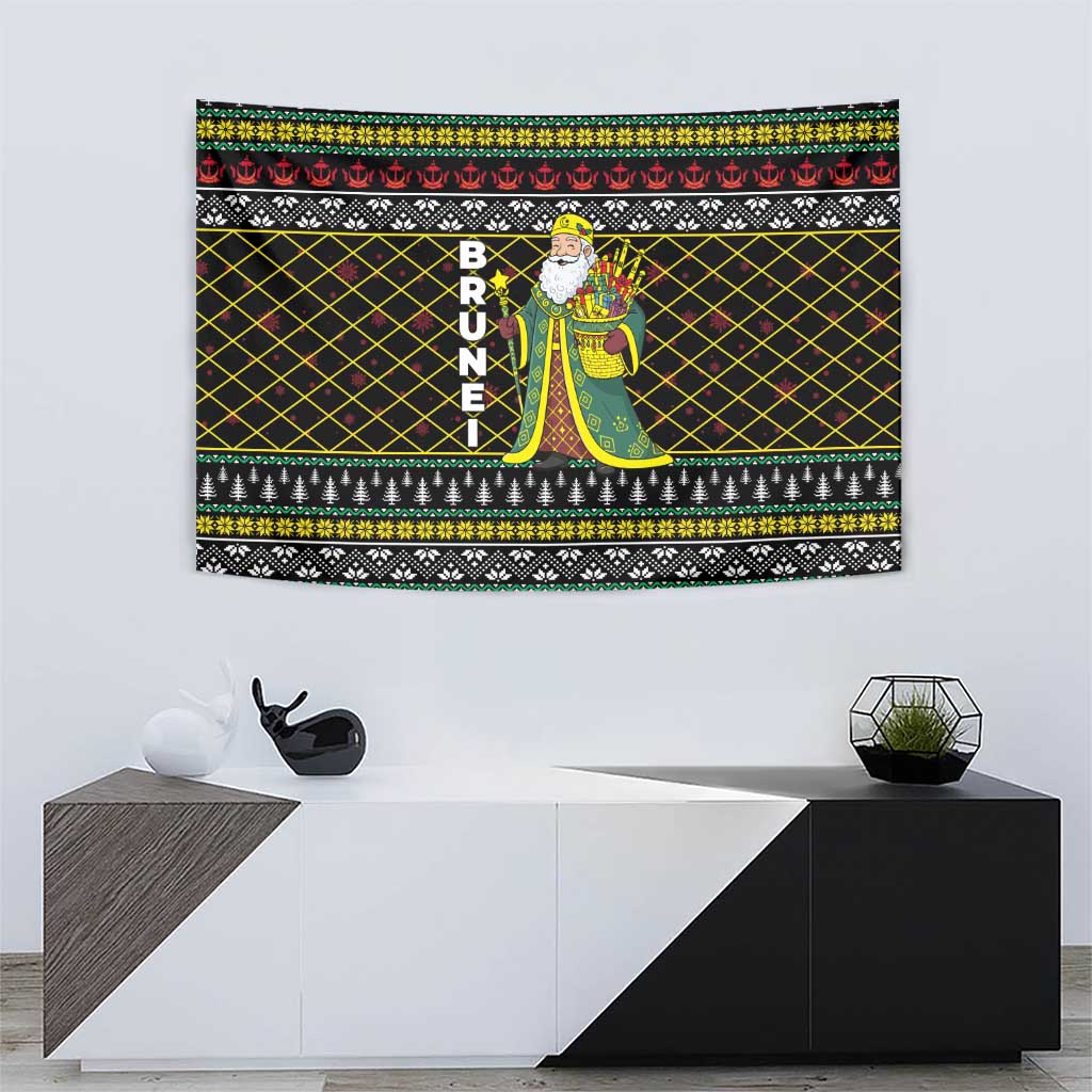Brunei Christmas Tapestry with Traditional Santa Gift Basket and Black Yellow Red Holiday Pattern - Wonder Print Shop